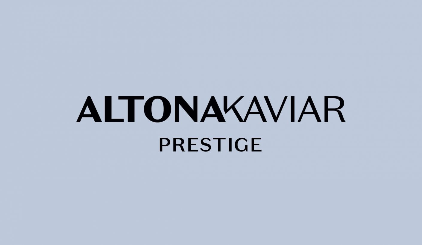 Das Logo der Produktlinie ALTONA KAVIAR Prestige auf blauem Untergrund.