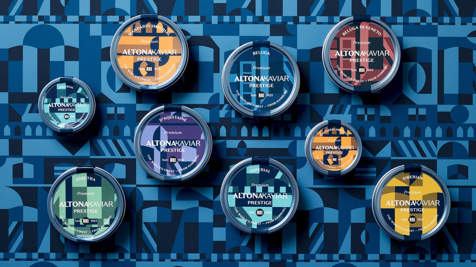 On a blue pattern are nine cans of the line PRESTIGE. All of them have a different color.