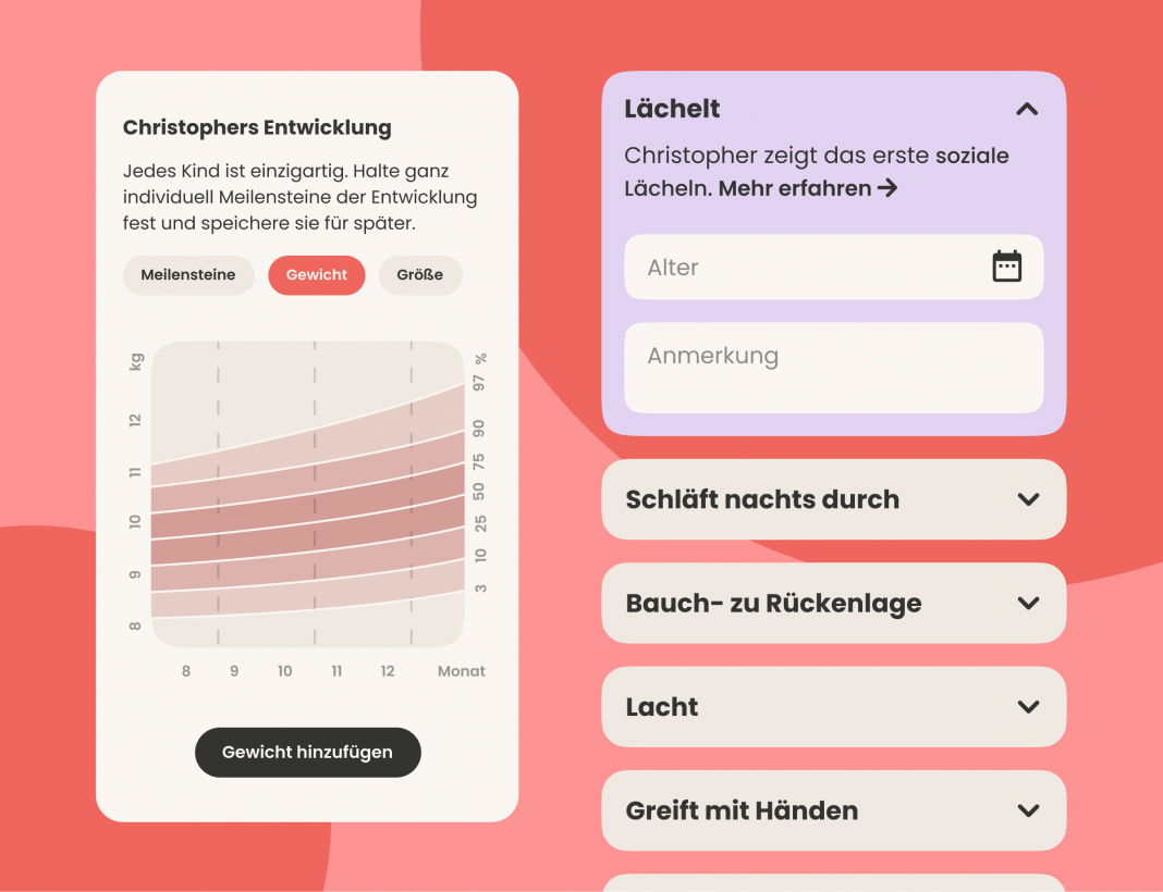 Weitere Screens aus der App werden gezeigt, u.a. Meilensteine, wo man Eintragungen vornehmen kann