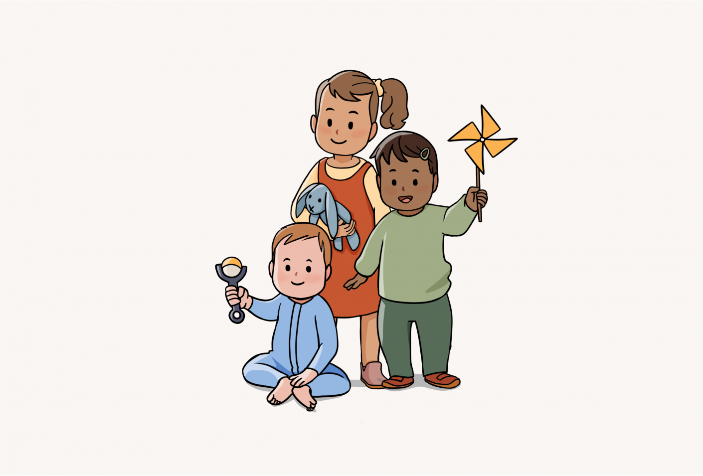 Drei animierte Baby/Kinder- Ilustrationen aus dem App Onboarding sliden im Wechsel durch
